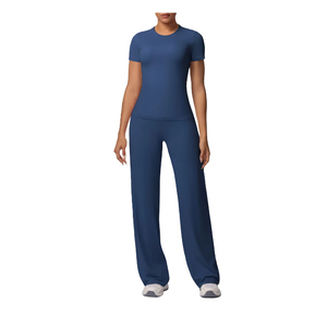 Wholesale Solid Color Breathable Lightweight Four-Way Stretch Sportswear Custom Logo <b>Short</b> Sleeves 2-Piece <b>Gym</b> Set <b>Women</b> - Product Image 6
