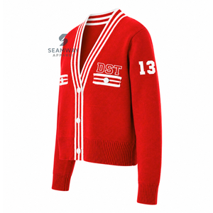 Delta| Sigma |Theta Sorority Women's Varsity Knit <b>Cardigan</b> V-Neck <b>Button</b> Front Striped Rib Trim Embroidered Preppy Style Sweater - Product Image 3