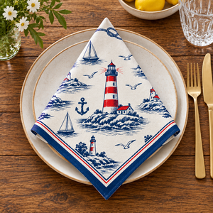 Serviette de table en coton imprimé de qualité supérieure avec motif phare nautique – Serviette de table maritime côtière avec voiliers, ancres et mouettes - Product Image 1