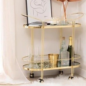 Luxury Gold Finish Iron Bar Cart with Glass Shelves Modern Rolling <b>Serving</b> <b>Trolley</b> for Home Kitchen Dining Room Beverage Storage - Product Image 3