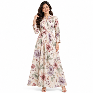 Vestido maxi floral tejido para mujer, manga larga, cuello con solapa, plisado, elegante, holgado, estampado, informal, acampanado, ropa al por mayor - Product Image 1