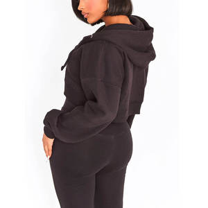 Conjunto de Sudadera con Capucha para Mujer, Manga Larga, Cierre de Cremallera, Color Sólido, Ropa Deportiva Informal, Tejido de Algodón, Forro Polar Antipelusas, Invierno, Dos Piezas - Product Image 3
