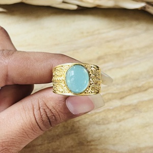 Fashionable Design Aquamarine <b>Rings</b> Boho Brass Band Women 18k <b>Gold</b> Plated Filigree Scroll <b>Cocktail</b> Design <b>Ring</b> Wholesale/OEM/ODM - Product Image 5