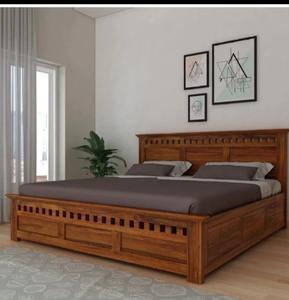 Lit plateforme moderne en bois de manguier avec sommier à lattes en bois massif, montage facile - Product Image 1