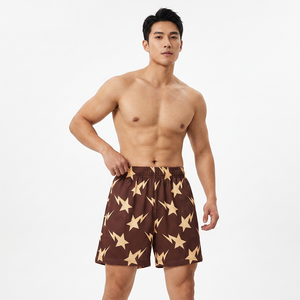 Shorts pour homme en tissu écologique brun uni à séchage rapide avec logo sur le devant, taille élastique, décontracté, sport - Product Image 4