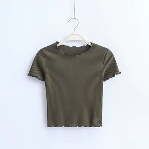 T-shirt court côtelé pour femme à manches courtes, col à volants, couleur unie, tricoté, décontracté, coupe ajustée - Product Image 4