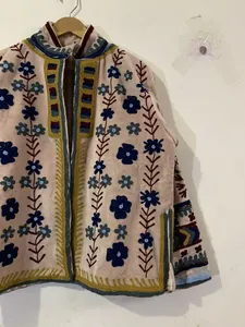 Veste courte en velours de coton respirant, brodée à la main, ethnique, unisexe, vintage, style bohème, motif floral, ouverte sur le devant, chic bohème - Product Image 6