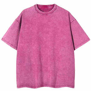 เสื้อยืดแขนสั้นผ้าฝ้ายฟอกทรงโอเวอร์ไซส์สำหรับผู้ชาย สีพื้น ลำลอง คอถัก ไม่มีปก เสื้อฤดูร้อน สีชมพู - Product Image 1