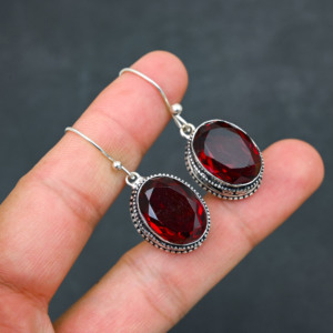 Customised <b>Red</b> Garnet LAB-CREATED 925 Sterling Silver <b>Earrings</b> 1.9" Handmade Gemstone Jewelry Antique Fine <b>Earring</b> Gift for Wome - Product Image 2