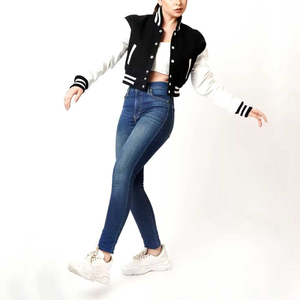 Women's Cropped Varsity <b>Jacket</b> Black <b>White</b> Stripe Button Front Casual Short Sleeve Solid Color Wool Outerwear Winter Stand - Product Image 4