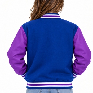 Custom <b>Women</b> Two Tone Varsity Jacket Casual College Style Outerwear Sleeves Print Snap Button Striped <b>Collar</b> Letterman Jacket - Product Image 2