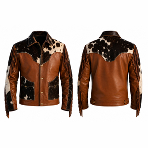 Chaqueta de Cuero Personalizada con Flecos Estilo Vaquero Occidental para Hombre, Diseño Vintage con Paneles de Piel de Vaca, para Motociclistas y Uso en el Rancho - Product Image 1