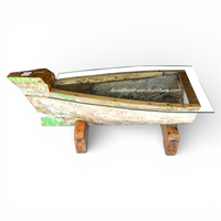 Table basse de rangement décorative en bois de bateau récupéré, écologique, avec plateau en verre, couleur naturelle, artisanale, meuble vintage pour la maison