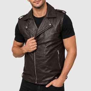 Lawd Sports <b>Men's</b> Genuine <b>Leather</b> Waterproof Sleeveless Moto <b>Vest</b> Zipper Closure Pockets Collarless Design Autumn Outer Wear - Product Image 1