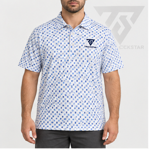 Trackstar Men's White <b>Blue</b> Geometric Square Print <b>Polo</b> <b>Shirt</b> Short Sleeve Button Collar Casual Golf <b>Shirt</b> Custom Logo - Product Image 1