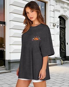 T-shirt décontracté pour femme en jersey de coton gris à col rond et manches courtes, coupe ample, imprimé, respirant, printemps-été - Product Image 2