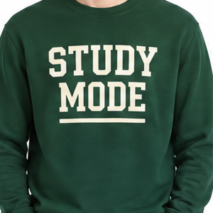 Sweat-shirt à col rond vert foncé pour homme, imprimé lettrage « Study Mode » blanc, idéal pour l'école et l'université - Product Image 3
