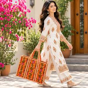 Floral Panelled Cotton Canvas Tote <b>Bag</b> Orange for Embroidery Bohemian Style Open Top Large Capacity All Seasons - Product Image 2