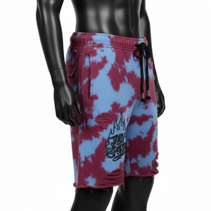 Pantalones Cortos de Algodón de Alta Calidad para Hombre, Lavado Ácido, Tacto Suave, Azul Granate, Dobladillo Desgastado, Logotipo Bordado - Product Image 3