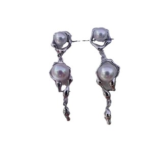 Pendientes Retro de Perlas Irregulares de Doble Cuentas, Color Plateado, Perla Preservada, Estilo Casual, Joyería de Moda al por Mayor - Product Image 5
