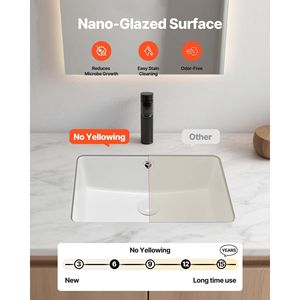 Lavabo Rettangolare da Incasso in Ceramica Bianca 18,5 x 13,19 Pollici con Foro per Troppopieno, Design Moderno da Appoggio - Product Image 3