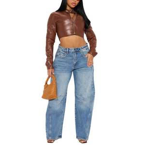 Chaqueta de Moto de Cuero Sintético Marrón para Mujer, Manga Larga, Cierre de Cremallera, Cuello Alto, Estilo Corto, Moda Otoñal - Product Image 3