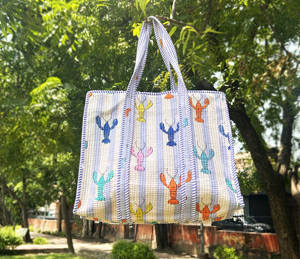 Indian Handmade Quilted Cotton Tote <b>Bag</b>, Lobster Print, Coastal Boho Style Women hand <b>bags</b> - Product Image 1