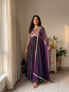 Pure Moss Silk Beads Work Anarkali Gown Suit With Stitched Micro Cotton Bottom And <b>Butterfly</b> Net Lace Dupatta For Women ZW 247 - Product Image 6