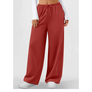 Pantalon de survêtement rouge pour femme, coupe large, taille mi-haute, avec cordon de serrage, ample, couleur unie, en coton, décontracté, longueur intégrale, style automne - Product Image 3