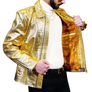 Men's Gold Embossed Leather Moto Jacket Turn-Down Collar Zipper Front Solid Color Autumn Wear - Product Image 3