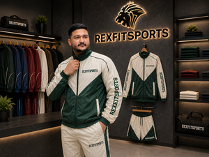 ชุดแจ็คเก็ตและกางเกงขาสั้นผู้ชายแบบมีฮู้ด รุ่น REXFIT SPORTS 2026 ผลิตจากไนลอน สีครีมเขียว ชุดกีฬาแทรคสูท แบรนด์ส่วนตัว - Product Image 3
