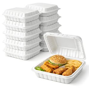 Contenedores de comida para llevar tipo clamshell 8x8, desechables, de bagazo, ecológicos, biodegradables, impermeables, con tapas abatibles, libres de BPA - Product Image 2