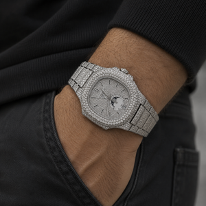 Diamond paved luxury wristwatch with <b>calendar</b> moon phase in stainless steel band on wrist in pocket casual style shot - Product Image 4