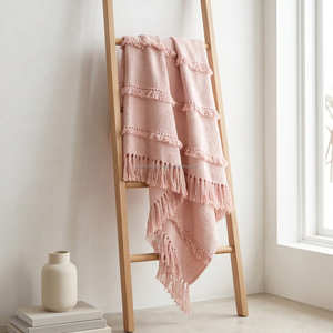 130x170 cm Dusty <b>Pink</b> Boho Throw Blanket Raised Texture Woven <b>Sofa</b> <b>Cover</b> Cozy Farmhouse Decor - Product Image 1