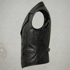 Gilet de motard en cuir véritable pour homme, double boutonnage, col rabattu, avec poches zippées, noir - Product Image 2