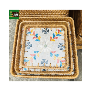 Plateau en rotin de haute qualité avec incrustations de nacre, fait main, plateau décoratif en nacre, plateau polyvalent pour organiser les articles de table - Product Image 5