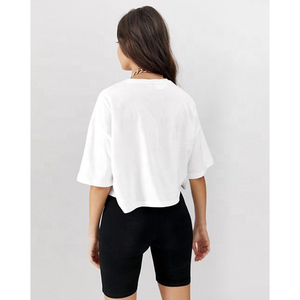 Camiseta Corta de Algodón Blanca para Mujer, Cuello Redondo, Manga Corta, Corte Holgado, Informal, Estilo Jersey, Color Sólido, Transpirable, para Primavera/Verano - Product Image 1