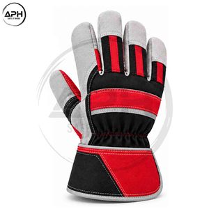 Gants de travail gris, noir et rouge avec paume en daim renforcée, poignet élastique et surpiqûres contrastées rouges - Product Image 5
