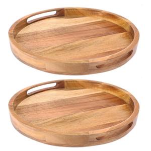 Juego de 2 bandejas redondas de madera de acacia, bandejas decorativas de madera con asas para mesa de centro, sala de estar y decoración de comedor. - Product Image 1