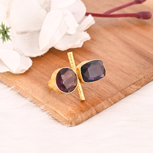 Pink Amethyst Hydro & Purple Amethyst Hydro Two Stone <b>Ring</b> <b>Brass</b> Gold Plated Adjustable Trendy Gemstone <b>Ring</b> - Product Image 4