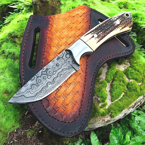 Cuchillo de Caza de Acero de Damasco Hecho a Mano Personalizado OEM, Cuchillo EDC de Hoja Fija para Camping y Actividades al Aire Libre con Funda de Cuero, Regalo - Product Image 1