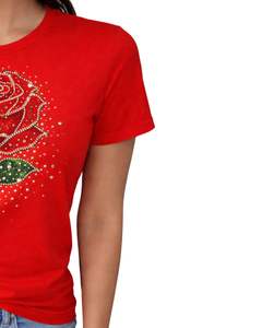 Camiseta Corta para Mujer Color Rosa Polvoriento, Bordado Floral, Manga Corta, Informal, Mezcla de Algodón Suave, Top de Verano para Mujer, Venta al por Mayor y al Detal - Product Image 3