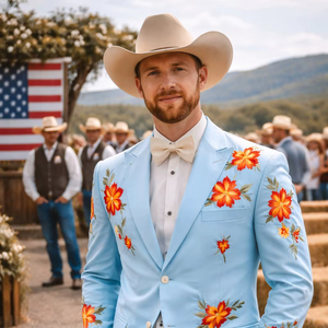 Costume Western brodé bleu ciel pour homme – Ensemble blazer de mariage de créateur à motifs floraux avec nœud papillon pour le marié et les tenues de soirée - Product Image 1