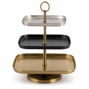 Square <b>Cake</b> Stand And Serving Table Tray Premium Black <b>Top</b> And Geometric <b>Gold</b> Metal Base Designed For Elegant <b>Cake</b> Dessert Food - Product Image 6