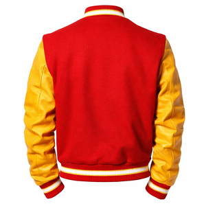 Red Varsity Jacket Cow Skin Sleeves Turn-down Collar Button Front Preppy Style Regular Fit Winter Outerwear <b>Wool</b> Body Breathable - Product Image 4