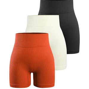 Ensemble de shorts de yoga respirants en spandex à taille haute côtelée sans couture avec ceinture élastique de couleur unie, 2 pièces, vêtements de sport pour femmes - Product Image 1