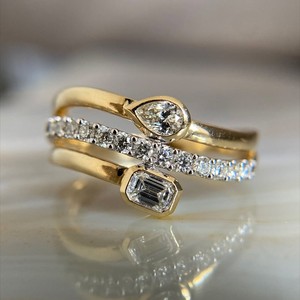 925 <b>Silver</b> Moissanite Engagement <b>Ring</b> Stack Set <b>Emerald</b> Cut Pear Shape Bezel Setting Band Women's Classic Jewelry Gift Party - Product Image 1