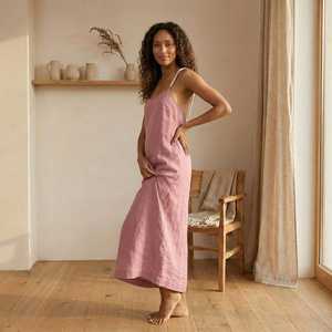 Vestido Maxi de Lino sin Espalda para Mujer con Tirantes de Perlas, Espalda Profunda, Vestido de Playa de Verano, Cintura Natural Sólida, Estilo Elegante y Minimalista - Product Image 3