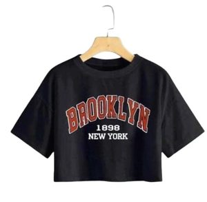 T-shirt court imprimé pour femme de qualité supérieure, col rond, en coton tricoté et élasthanne, respirant, coupe ajustée, décontracté, tendance - Product Image 1