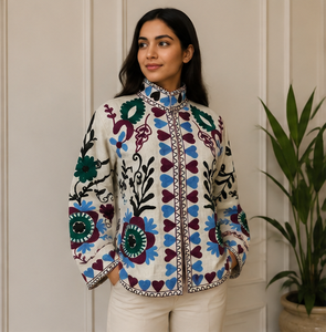 Elegante Chaqueta Bordada Suzani Color Crema para Mujer, Algodón y Terciopelo, Multicolor, Floral, Estilo Boho, Boutique, Moda de Invierno, Venta al Por Mayor - Product Image 1